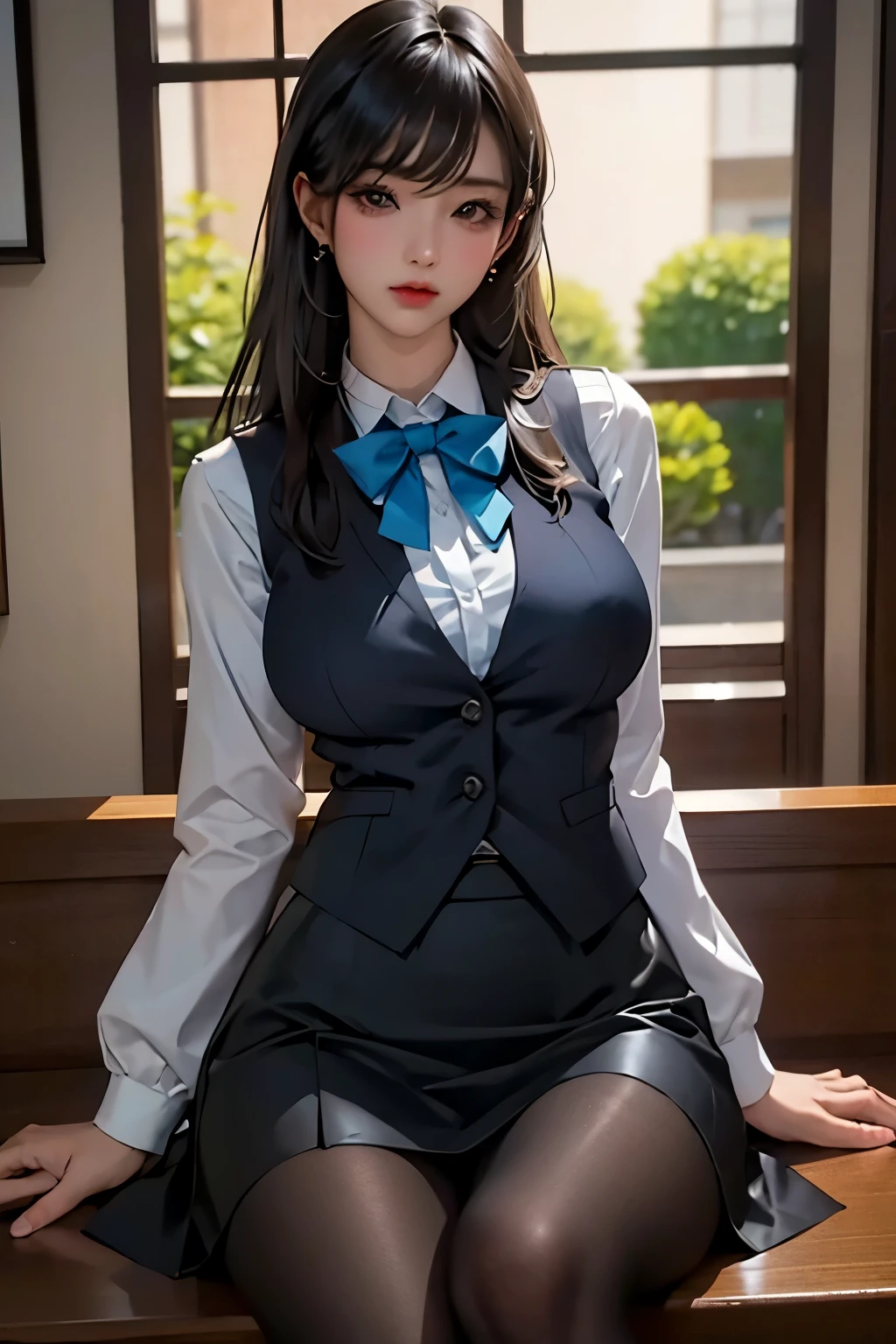 masterpiece,best quality, ultra highres,8k,16k,delicate photography, sharp line, sharp focus, (perfect anatomy:1.5), RAW photo, resolution,realistic,ultra detailed,sharp focus,RAW photo,白,蒼,黒,UHD,
BREAK,
beautiful Japanese girl,large breasts,Long eyelashes,
(bank teller, black skirt, bow, long sleeves, pantyhose, blue shirt, skirt, vest:1.1),
BREAK,
1girl,MarinGyaru,KAREN,