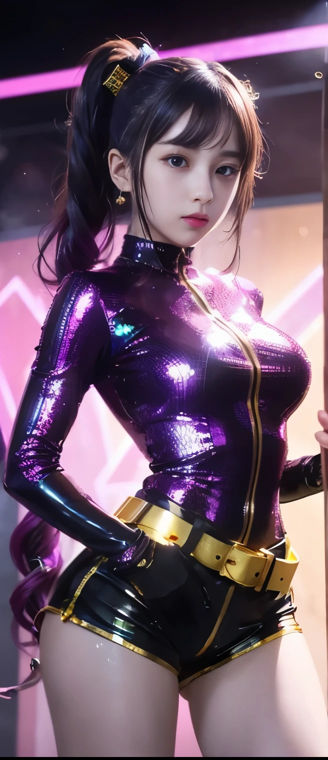 pure cyberpunk idol girl、A pure girl's face、 hypo、gold and purple sequin tight suit( tight shorts )、 Gold Belt 、Standing on a glowing gold cube