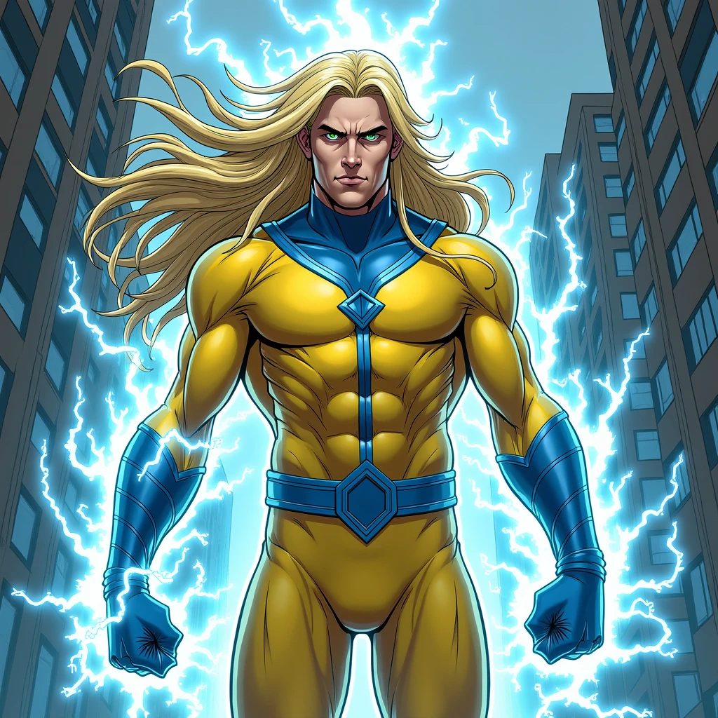a muscular blonde hero in lightning blue suit