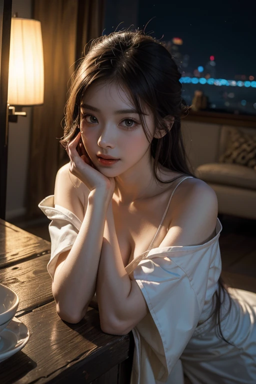 best quality, masterpiece, ultra high res, photorealistic, 1girl, smile, sexy pajama, on the bed, night time