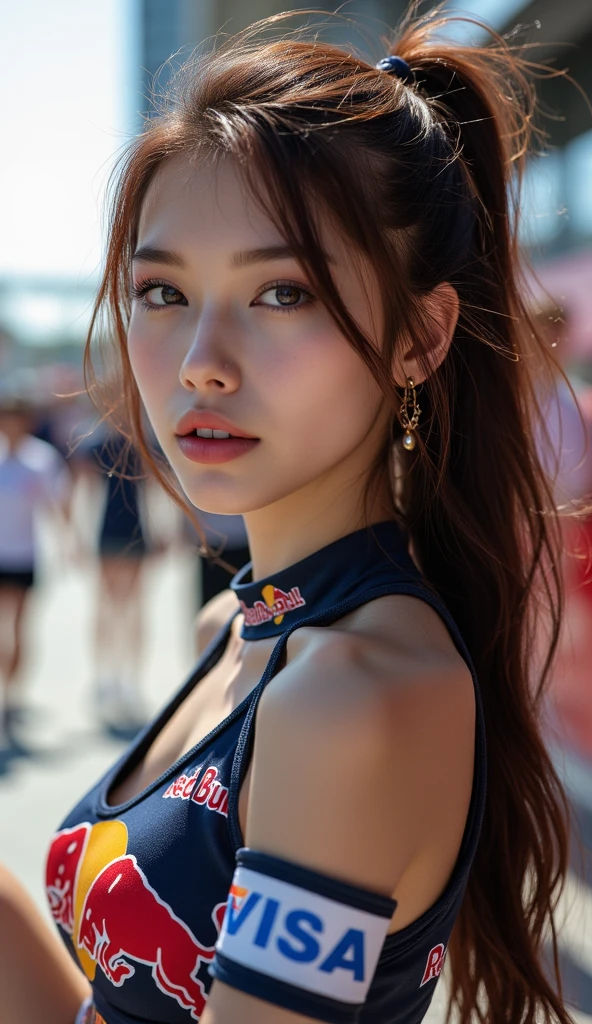 Ultra high quality, Realistic, Ultra-high resolution, 8k、Super Beautiful Women Realistic Japanese Women, Perfect dynamic composition, Detailed and realistic skin texture、Beautiful face in every detail、Happy expression、Messy hairstyle、Grid Girls、Race Queen、Belly piercing