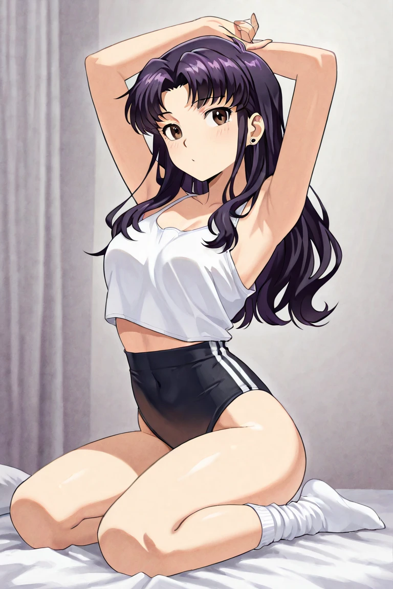 masterpiece, best quality, highres, Kousaka Reina, 1girl, solo, busty, large breasts, black hair, long hair, sport bra, crop top, short skirt, looking at viewer, full body, standing, simple background, (erotic pose:1.4), blush, flustered, (Crotch panties exposed:1.3), ((arms behind head, double armpits, crouching down, half-squat, Open the crotch before:1.3)), Half body, upper body, In the middle, symmetrical,