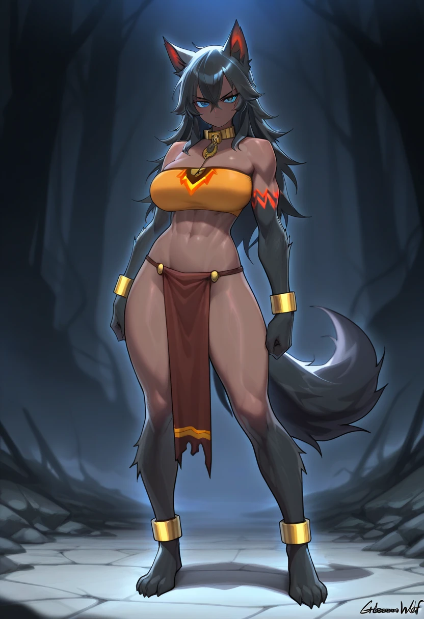 Busty female reptile, golden dragon horn,Covered with shiny black scales. Wearing a sleek and simple golden sexy bikini armor. . .Holding a spear,Posture straight,Full body portrait,Expression smile,Large Breasts