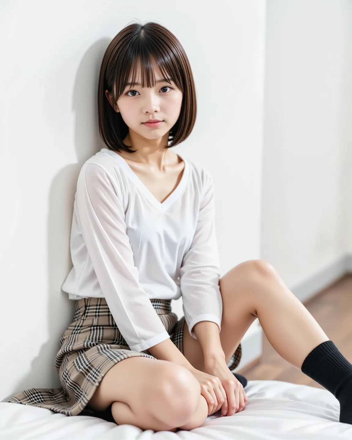 muste piece, Top quality, 8K, 15 years old, japanese girl, slender, Raw photo, absurd, award-winning portraits, (detailed face, shy smile), solo, Transparent white T-shirt made of very thin material、 sailor uniform, short sleeve, idol face, super mini skirt, Black Knee High Socks, slim legs, shoes, whole body shot from the bottom of the stairs, whole body shot from a Low - Angle, detailed face), refreshing shy smile, slender girl, Golden short-cut hair, dark eyes, whole body, digital single lens reflex, look at the viewer, Frank, sophisticated, like々New, perfect whole body balance, (Low - Angle), professional lighting, (Eye and face details: 1.0), (It's blurry: 1.1)
