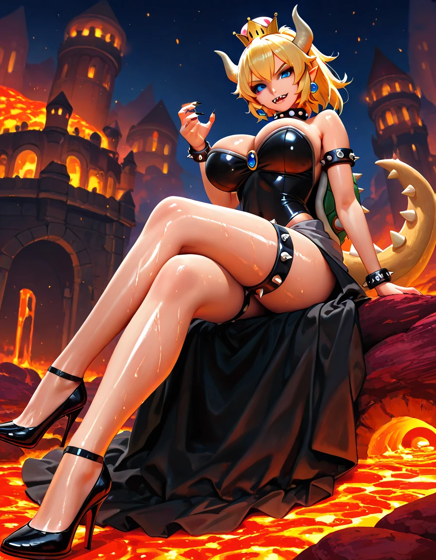 Bowsette, Sexy, black nylon, black heels, black pantie, nipples, big , beautiful blue eyes, long blond hair. volcano Fire in background. Detailed, masterpiece, UHD, detailed eyes