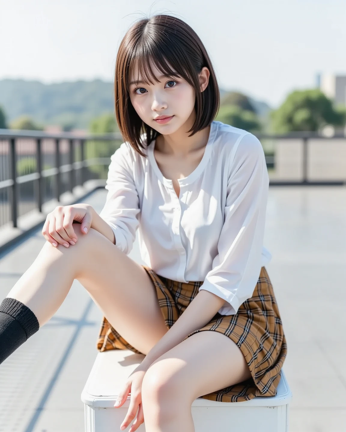 high quality、high resolution、masterpiece、Bright red sky、Beautiful crimson clouds in the background、Squat on the edge of the wave with your legs apart, She has medium bob hair、White blouse、Red pleated skirt、Red High Heels、White panties、 She is posing for a photo shoot, Looking into the camera、Shooting from below、Intellectual look、Too cute face