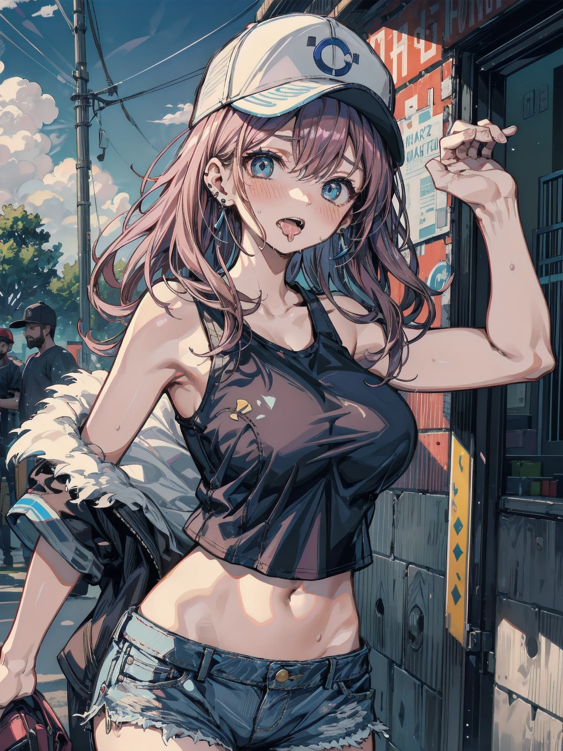 astolfo, Beautiful and slim perfect body, rasgos muy females, cuerpo female sexy muy delgado, flat chest, Pectorals, not breasts, very innocent smile, Girl, bright pink hair, spiky hair, short hair, a long braid, lock of white hair on left side, almost non-existent shorts, top that barely goes up the chest, off shoulder top, long fishnet stockings, female, small bulge in shorts, not penis, Eating an ice-cream, walking down the street