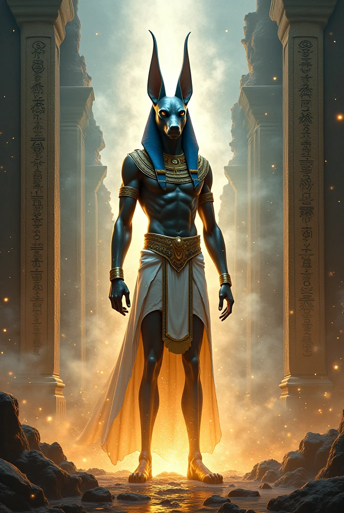 1male, Godanubis in front of the altar with groups of Egyptians, A whirlwind of fire, aura, Magic, sparks, Magic Astral