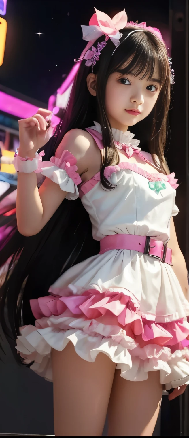 cool candy idol girl(straight hair)、A pure girl's face、 hypo、fairytale frill mini dress(pink and white )、Candy Belt、Glowing Candy Sticks、Glittering neon city at night