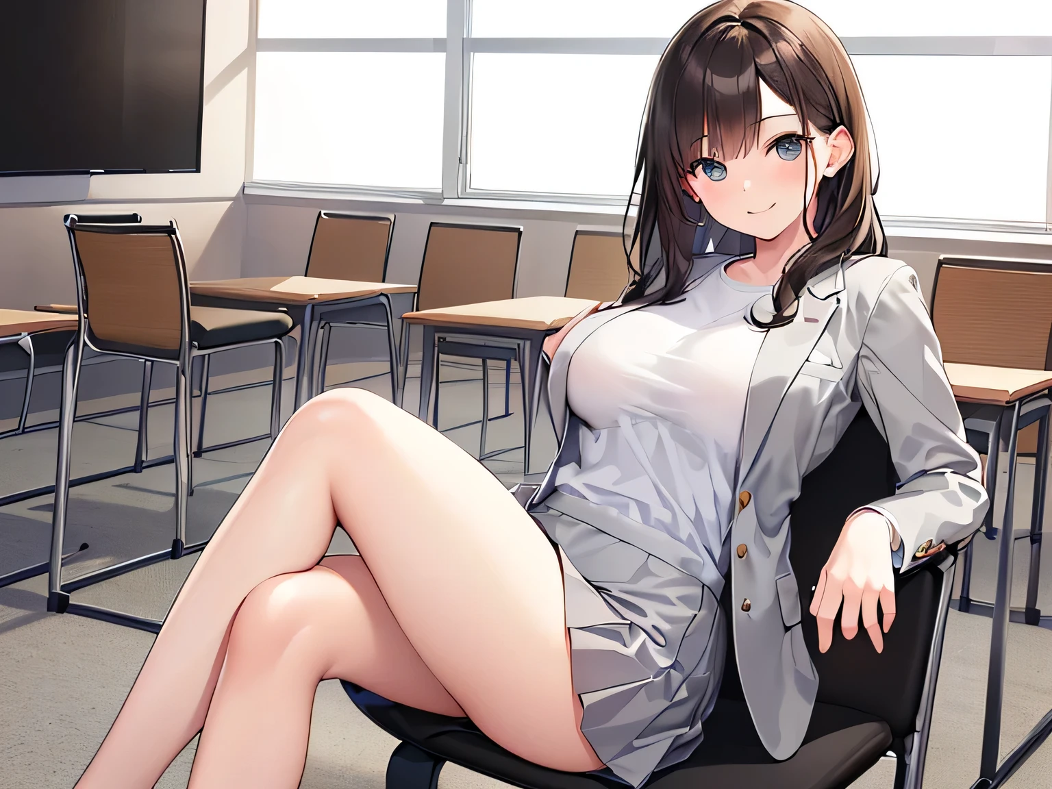 masterpiece, highest quality, Become familiar with, Focus on the characters, (1 girl:1.5), (alone:1.5), Yamada_Anna, (Semi-long hair:1.5), (Brown Hair:1.5), (Brown eyes:1.5)、 (Curved body:1.0), (Medium breast:1.5), (Provocative look:1.5), (Watching the audience:1.5), (sketch:1.5), (pointed:1.5), (Sitting on a chair:1.5), (Watching the audience:1.5),Beautiful leg lines、Thighs、Lower body naked、Spread your legs、Open your legs、Spread your legs女性器を見せつける、Short blouse、classroom、Provocative look、Sit on a desk with your legs apart、I'm not wearing anything、Attractive female genitalia、Glasses