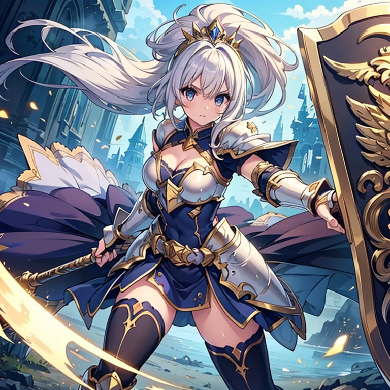(Perfect Anatomy)、Mastepiece、Ultra High Quality、 8K、masterpiece、Highest quality、Ultra-high resolution、Maximum resolution、Very detailed、Professional Lighting、anime、woman、thin、so beautiful、Highly detailed eye、Highly detailed face、Armored Dress, Blue and white armor, , Golden decorated luxury tiara，Golden earrings，Frilly Armor，Light blue hair, blue eyes，White underwear、grassland, full body, dynamic angle, dynamic pose, Heroic pose, pillars of ice, (((long sword))), (((shield))), Powerful pose, Defending with water magic