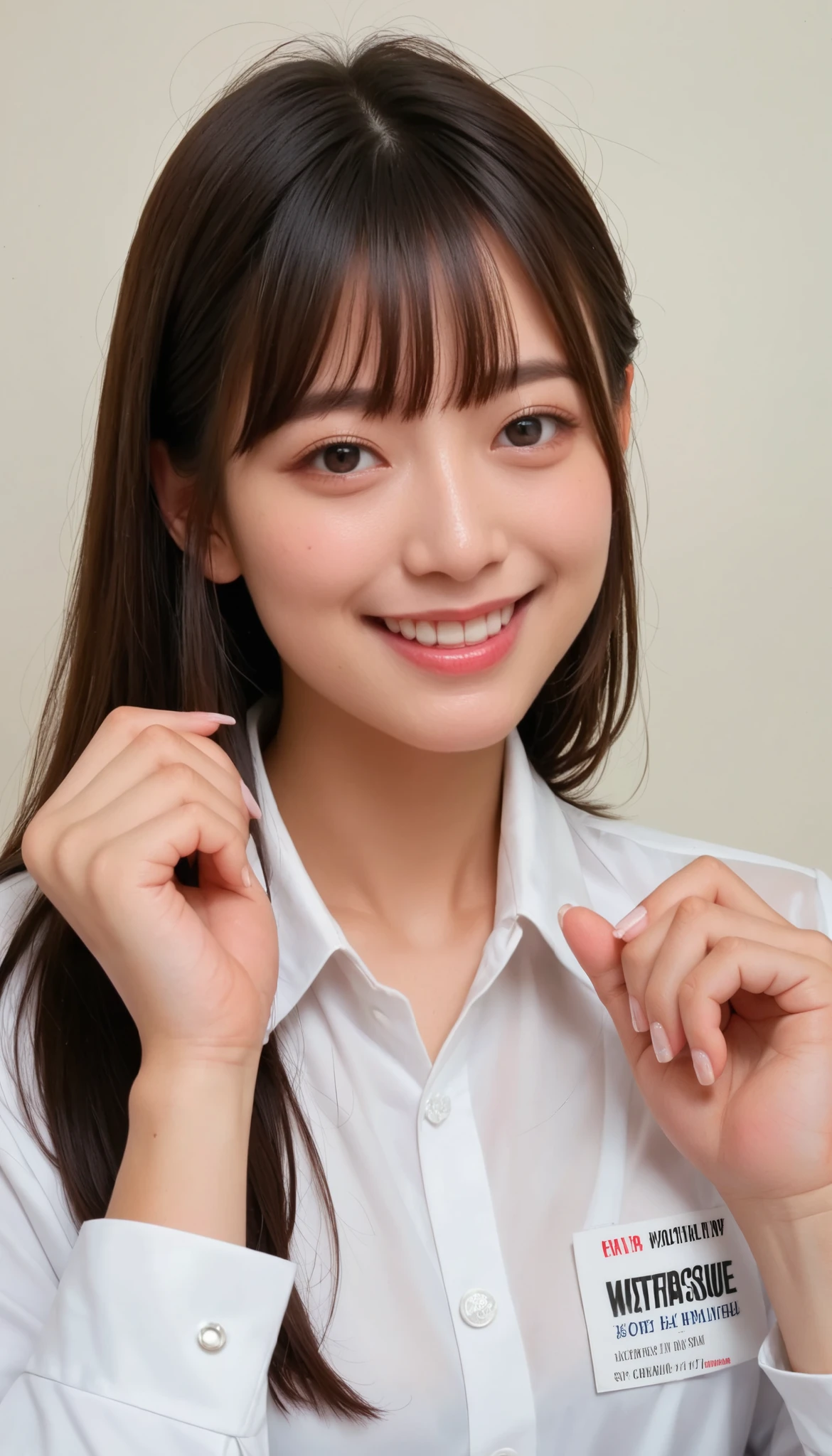 score_9 , score_8_up , score_7_up , source_Genuine , ratings_safe , High Resolution Image, Masterpiece, Top Quality, Superb Quality, Extremely Detailed, Exquisite Detail, Sharp Detail, Sharp Focus, Professional Writing, Woman, White Blouse, Dark Hair, Pale Skin, Black Hair, Clean Bob, Bangs, Detailed Face, Detailed Eyes, Polished Nose, Smiling, Looking at the Viewer, Perfect Hands, Perfect Anatomy, (Tourist Bureau)