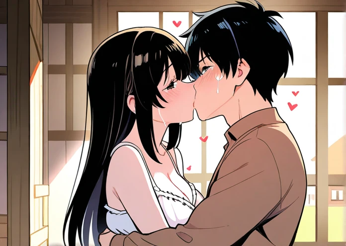 A middle-aged man is kissing the breasts of a topless girl with no underwear, a blue checked skirt, erect nipples, short black hair, small breasts, and pale pubic hair, who is crying in disgust on a train.