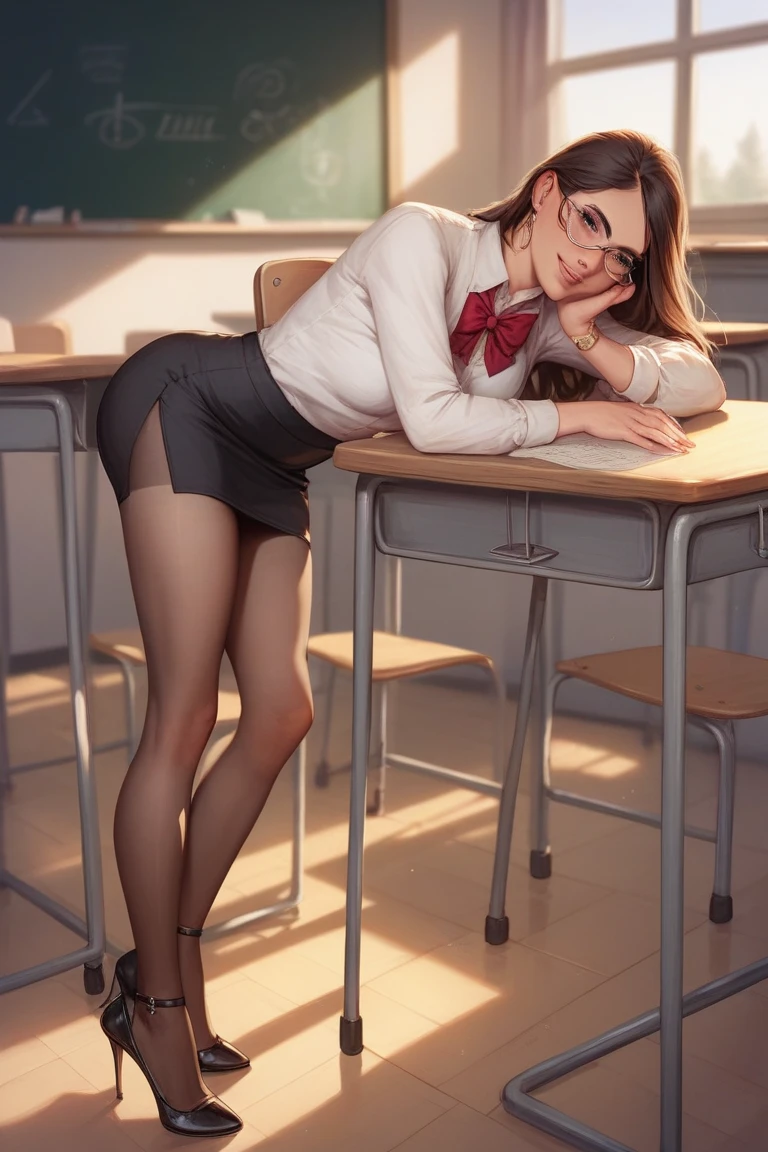 Scarlett Johansson, (masterpiece quality, (masterpiece quality:1.3), realistic, (realistic:1.3), 1girl, (1girl:1.9), solo, (solo:1.9) in a college classroom, lots of food in background brunette, (brunette:1.5), short hair, wearing a white blouse, (white blouse:1.9), midriff, (midriff:1.5), wearing a red plaid skirt, (red plaid skirt:1.5), wearing white stockings, (white stockings:1.5), wearing a choker collar, small breasts, (small breasts:1.2), 