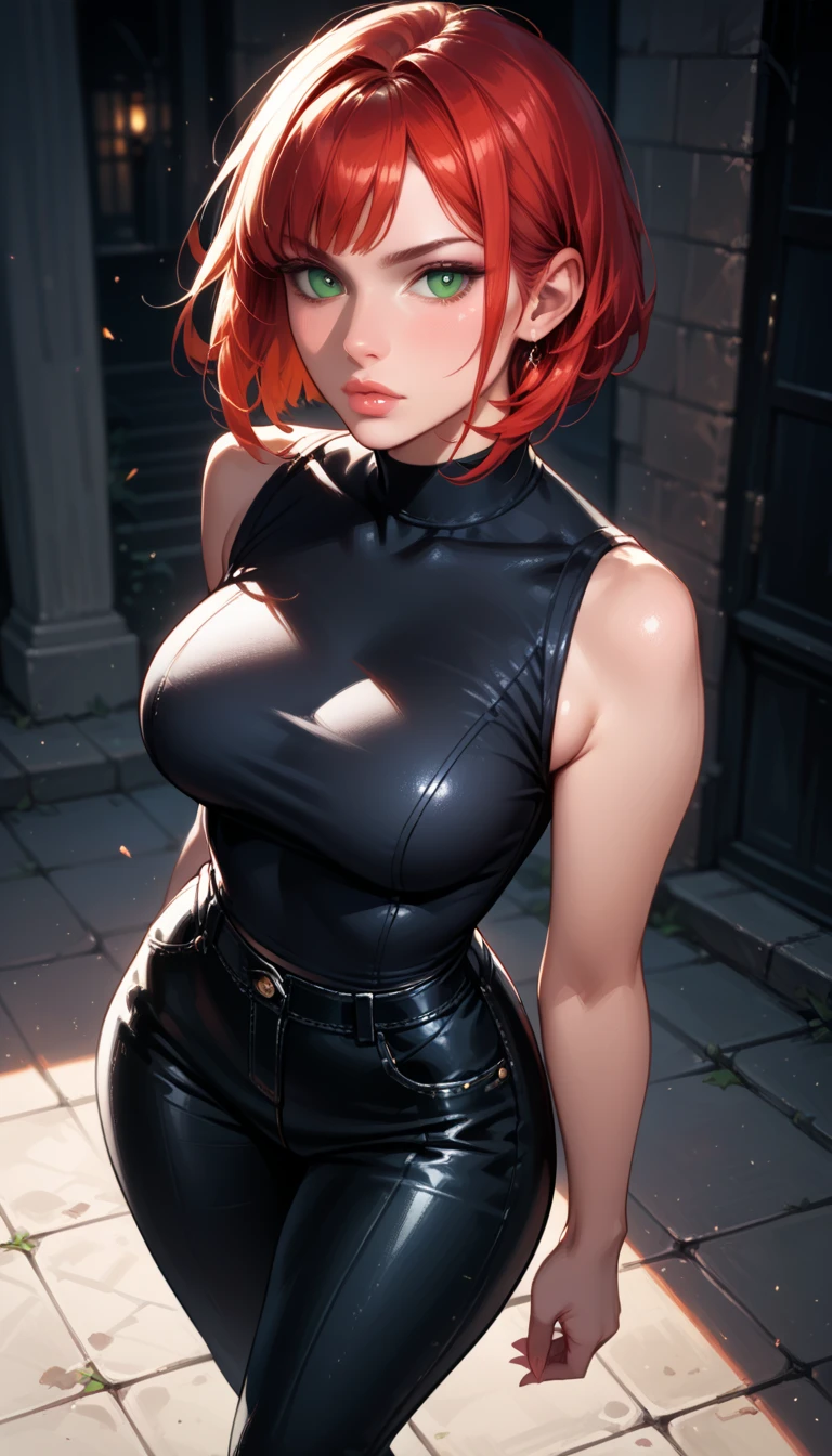 gwendolyn_tennyson, 1girl, solo,green eyes, heart eyes, short hair, orange hair, goth earrings, underwear, teen, big breasts, cowgirl position, straddling, 1boy, 1girl, sex, fishnet stockings,(black slutty bikin),sfw), gigantic tits, choker