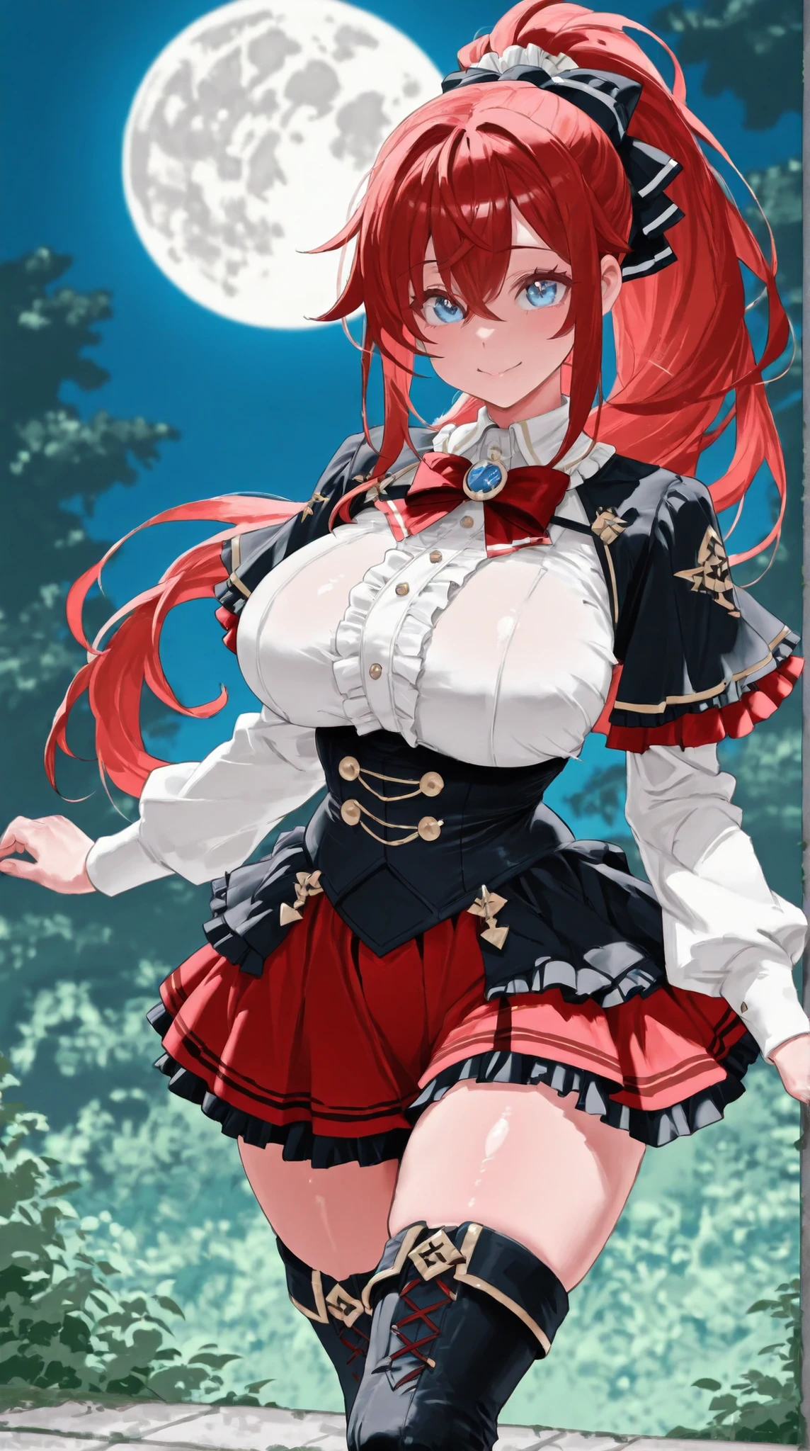 Kousaka honoka, blue eyes, masterpiece, best quality, (1girl:0.999), (breasts:0.959), (cleavage:0.939), (long hair:0.939), (hair ornament:0.932), (thighhighs:0.904), (boots:0.893), (strapless:0.838), (shorts:0.836), (thicc body), (large breasts:0.720), (collarbone:0.683), (flower:0.646), (cuffs:0.581), (closed mouth:0.571), (weapon:0.556), (holding:0.542), (garter straps:0.508), (hair flower:0.508), llchar, Night, sky, stars