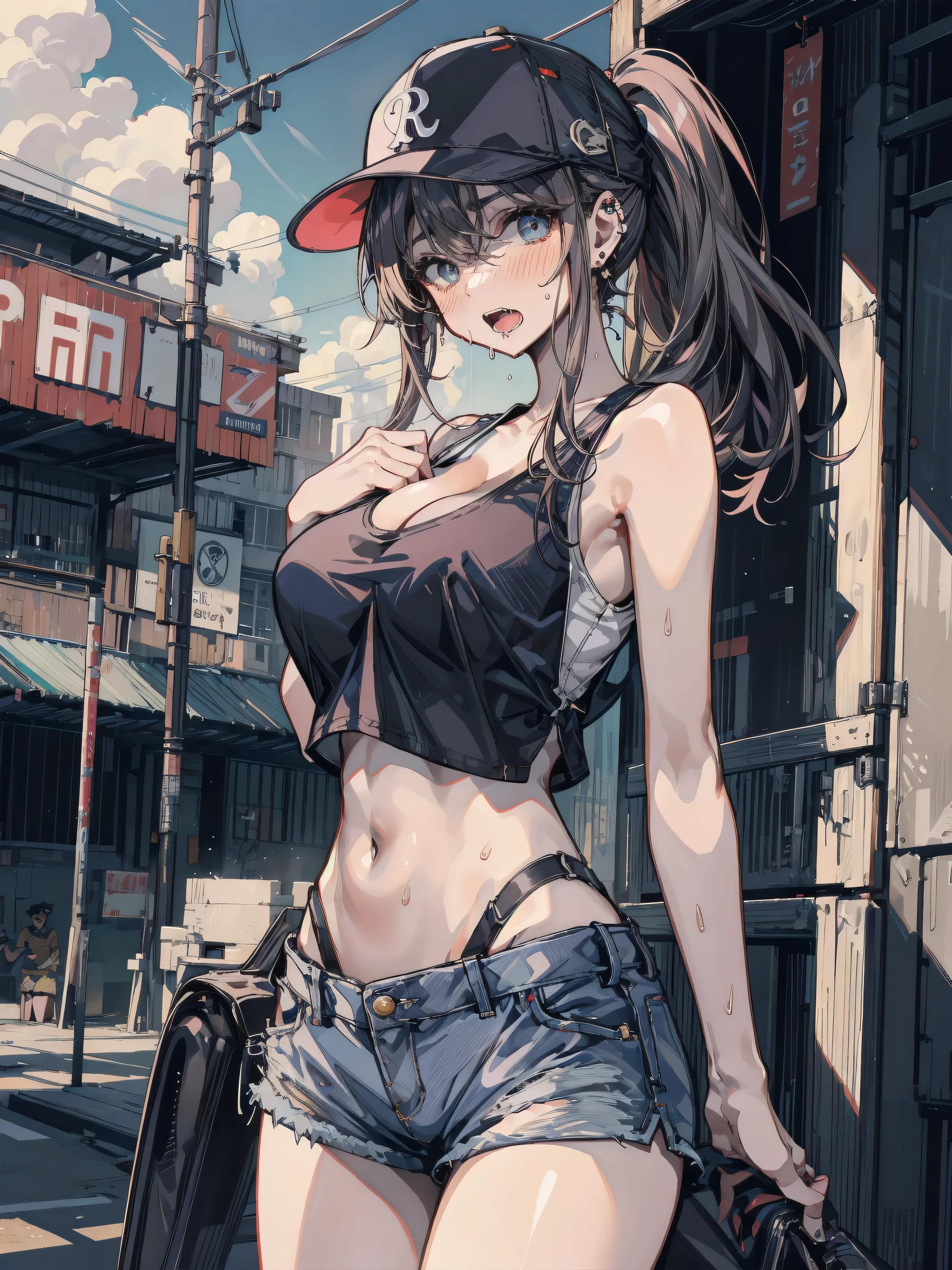 16k, UHD, Best quality, Hyperrealistic, Sabrina from pokemon, short purple tank top, large boobs, belly button piercing, beautiful girl, exposed torso, cityscape, long straight black hair, white sneakers, very short white shorts, green bracelets, leaning against brick wall, underboob, hair let down, holding pokeball