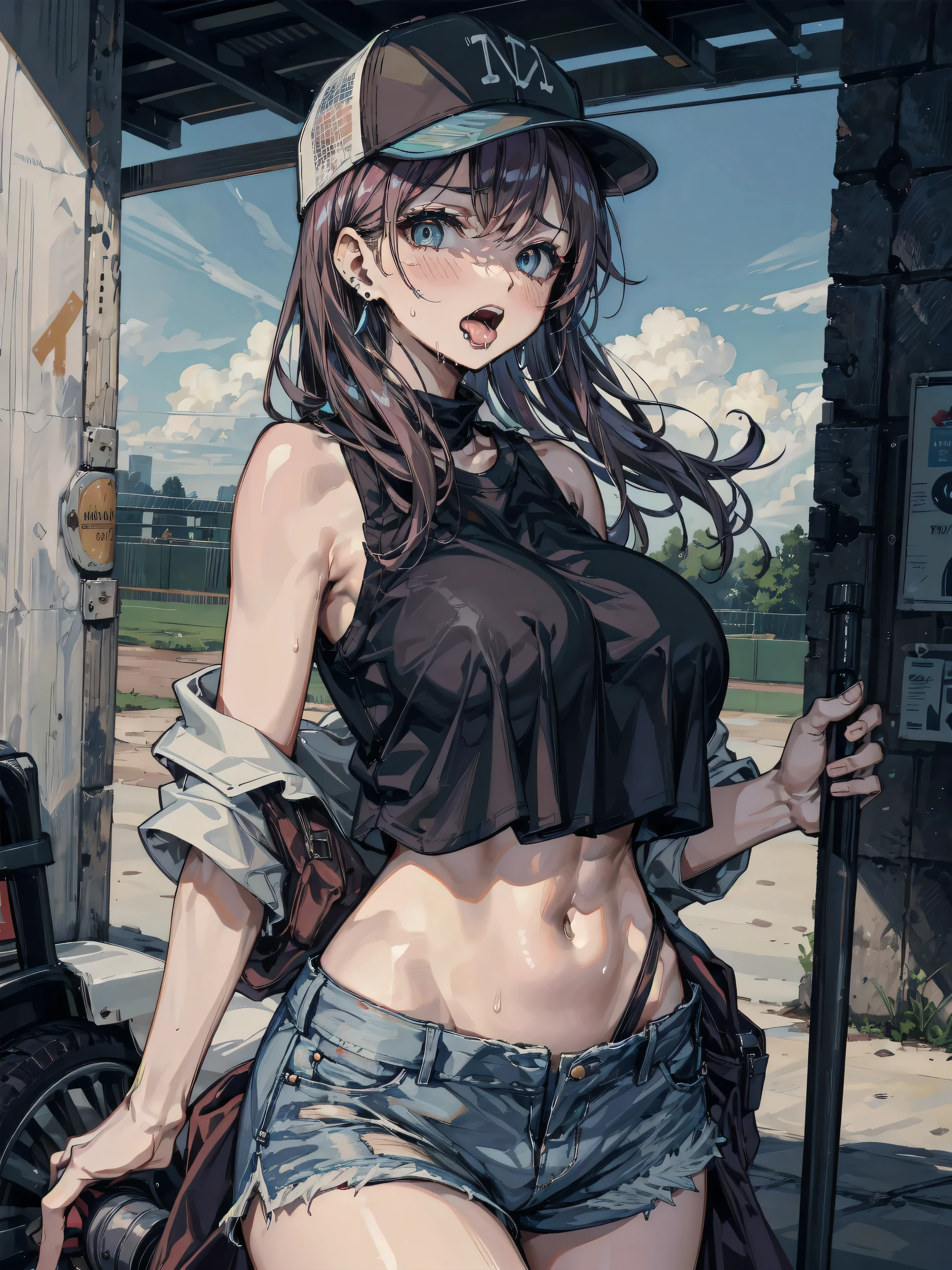 A woman in full-zip shorts eats a tlayuda at a taco stand Jeans have a belt With side slits Big Ass Upper body naked