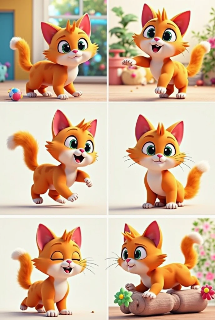Beautiful anthropomorphic Walt Disney style cat
with two legs in 10 different poses, seen from the back, front, side, wearing sneakers shoes, character sheet, T position, standing, front, side, backboob, Multiple postures and facial expressions, eyes big cartoon ones.