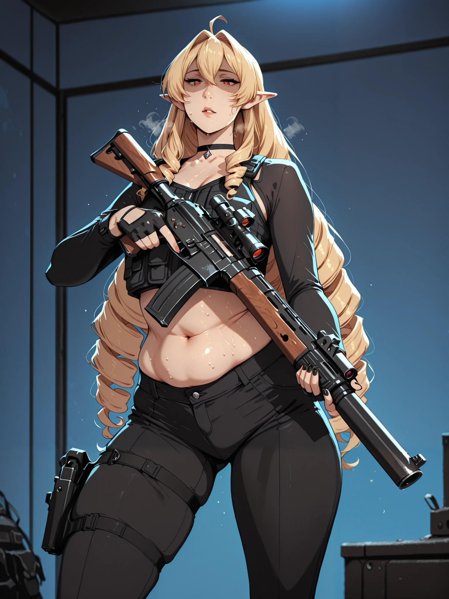 score_9, score_8_up, score_7_up, perfect eyes, perfect fingers, gasping, heavy breathing, excessive sweating, sweating, sweating profusely, gasping profusely, cinematic, ((skindentation)), ((curvy)), very long hair, drill hair, hair intakes, ahoge, hair between eyes, blonde hair, red eyes, pointy ears, ((small breasts)), bright pupils, ((flabby stomach)), plump, BREAK anime-style, anime coloring, cgi, Hand drawn, cinematic, Sharp focus, humorous illustration, big depth of field, Masterpiece, concept art, trending on artstation, Vivid colors, Simplified style, trending on ArtStation, trending on CGSociety, Intricate, Vibrant colors, Soft Shading, Simplistic Features, Sharp Angles, Playful, excessive sweating, sweating profusely, sweating drop BREAK, 1girl, gun, weapon, solo, holding_gun, rifle, trigger_discipline, gloves, holding_weapon, navel, mole_under_mouth, holding, mole, black_nails, assault_rifle, choker, nose, lips, nail_polish, holster, pants, fingerless_gloves, blue_background, thigh_holster, handgun, alternate_costume, midriff, black_choker, parted_lips, thighs, thick_thighs, bulletproof_vest, black_pants, makeup, breasts, looking down, shaded face,