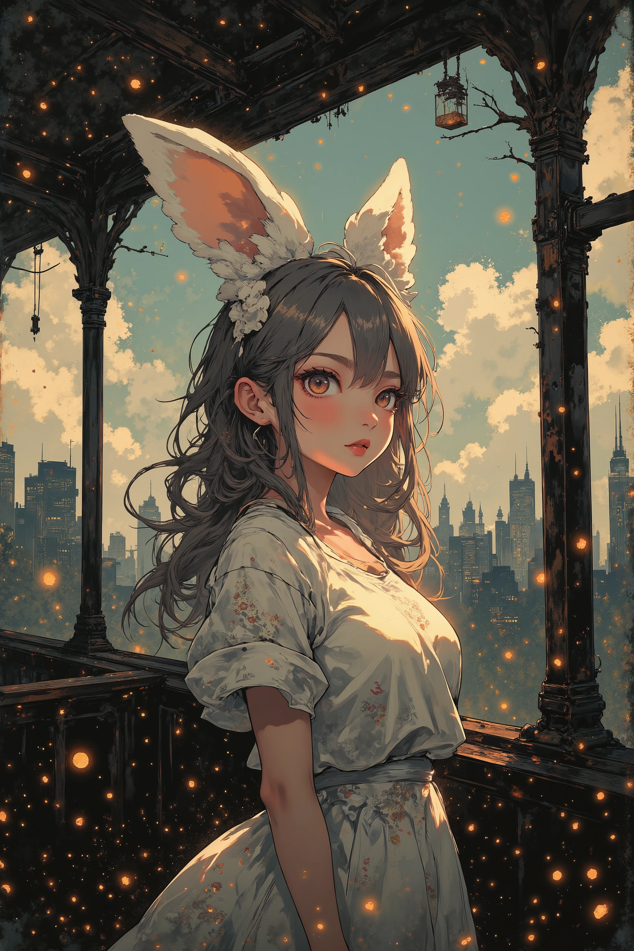 Ride an old local train, girl, cute,with long gray hair, furry white rabbit ears, Very detailed big beautiful shiny red eyes, white frill dress,Delicate white embroidery, masterpiece, best quality