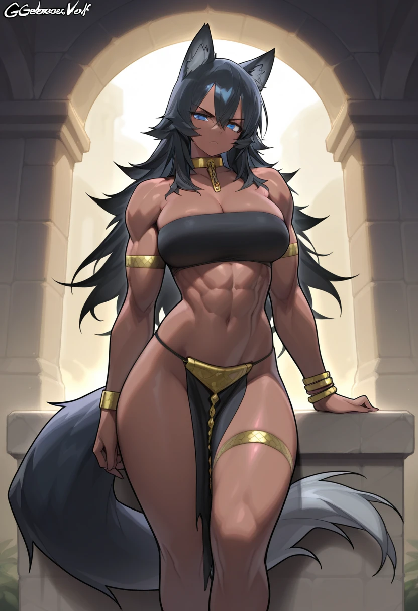 (1girl), black hair, extremely long hair, yellow eyes, (((muscular))), huge breasts, thick thighs, solo, angry, (pale skin), cowboy shot, tribal clothes