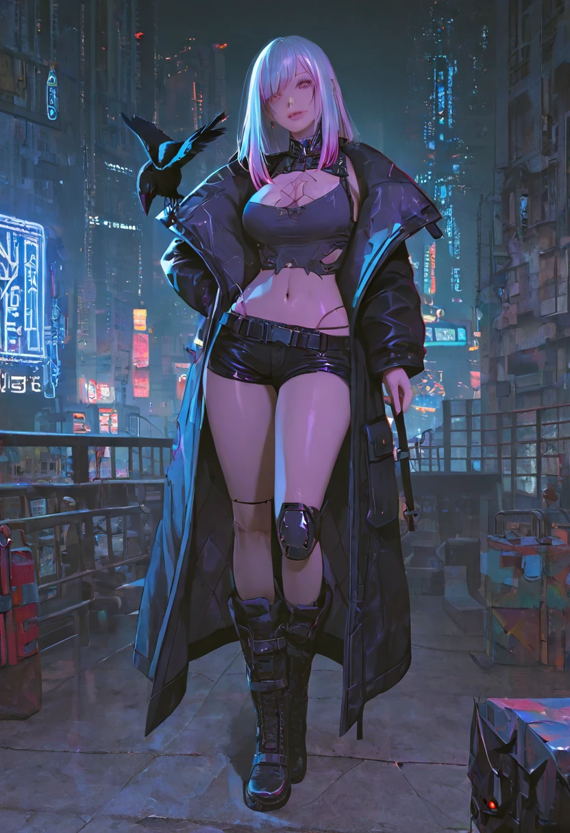 8k,masterpiece, best quality, Confident cyberpunk girl, full-body shot, Harajuku-style fashionable clothing, Bold colors and patterns, eye-catching accessories, Stylish and innovative hairstyle, Vibrant makeup, Cyberpunk’s dizzying cityscapes, skyscraper, neon lights, LED lights, Bright and vivid color scheme, anime big breasts, illustration, Detailed skin texture, Detailed fabric texture, Beautiful and delicate face, intricate details, Super detailed.