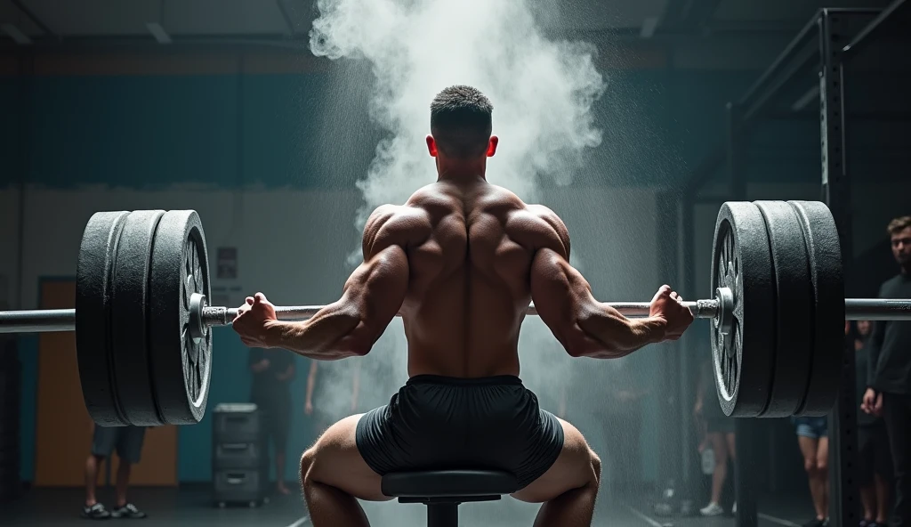 A muscular very young alpha male bodybuilder, gorgeous dark hair, clear skin, white skin, 18 years old, extremely low body fat, extremely large and defined muscles, impossible proportions, muscles growing right now, exploding with energy, veiny arms, broad shoulders, whole body and each muscle flexed, moderate body hair, 8 feet tall, posing shirtless, view from the back, sitting behind a desk, looking at a computer, studio lighting, (best quality,4k,8k,highres,masterpiece:1.2),ultra-detailed,(realistic,photorealistic,photo-realistic:1.37),award-winning,highly detailed,intricate,cinematic, dramatic atmosphere,chiaroscuro lighting,striking pose,muscular physique,powerful,intimidating,commanding presence