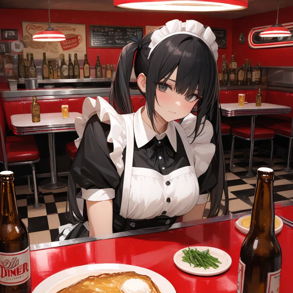 Illustration, 24 year old woman, medium black hair, brown eyes, pretty, tired, bruised eye, bruise on arm, expressionless, waitress outfit, diner, standing, looking at viewer, holding notepad