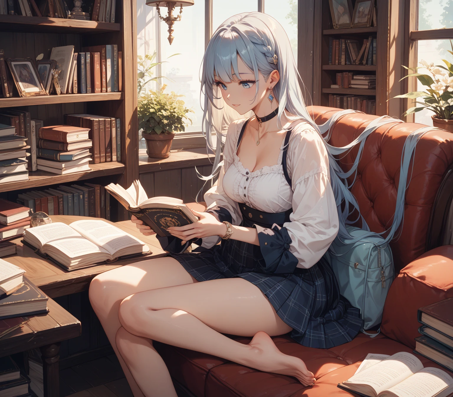 Anime Moe Art Style,highest quality,High resolution,Anatomically correct,One Girl,Mid-teens,A girl with light blue hair in a ponytail,Super detailed,Fantasy World,cardigan,mini skirt,Big Breasts,A rich expression,Deep in thought,Study,Reading a thick book,Eyes drawn in detail,hair ornaments,necklace,bracelet,ring,8K