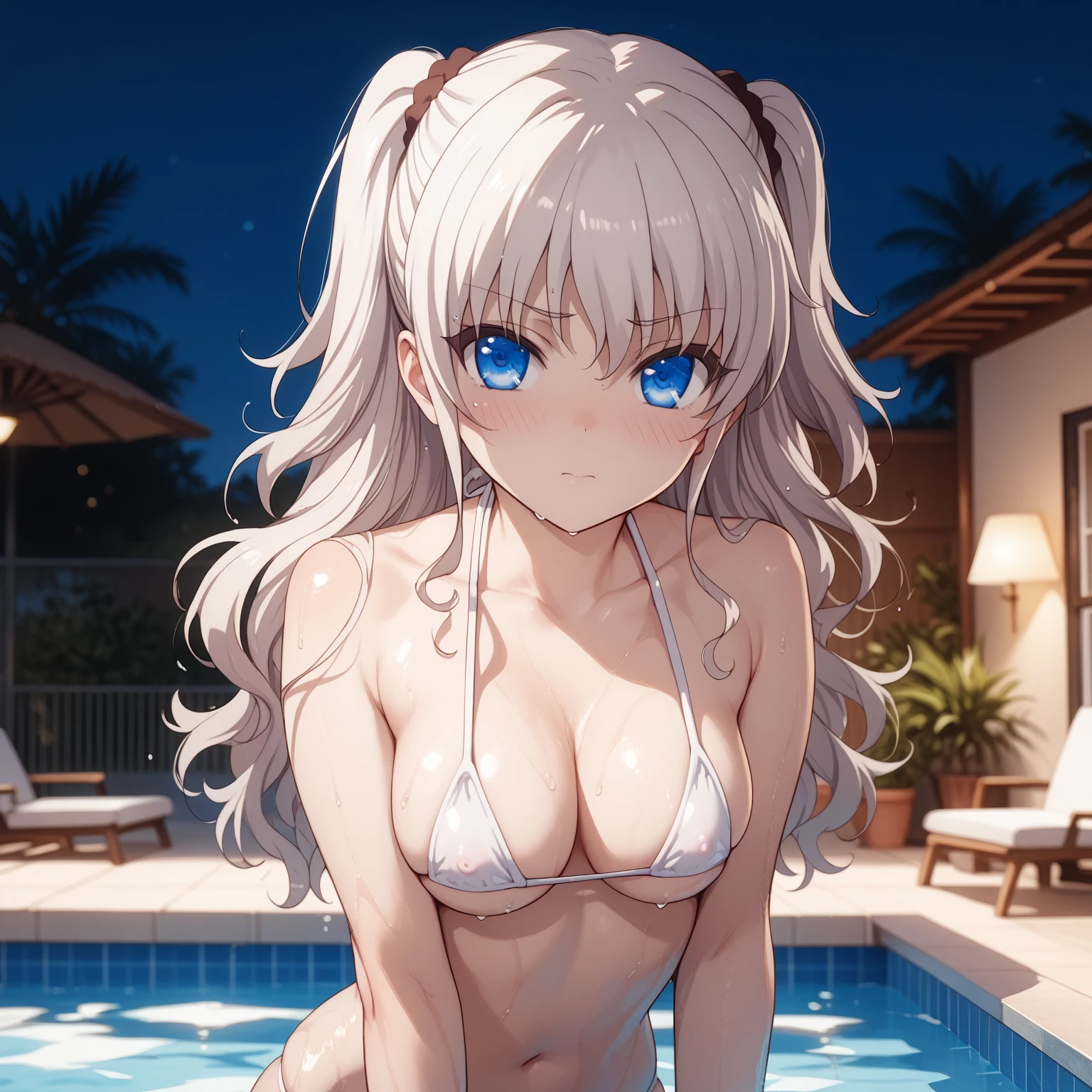 (Highest quality、masterpiece、Very high resolution、Ultra HD、2.5th Dimension:)、(Beautiful woman:18 years old, perfect and the ultimate beauty,1 person,single,solo:1.5)、(Realistic Hair,Hairstyle:1.2)、(She has a slender figure and her breasts are F cups:1.5)、(Beautiful, narrow eyes,Beautiful Eyes,Eyes of strong will, Beautiful eyelashes, Realistic eyes:1.4),(Beautiful Faceが詳細に書かれている,Beautiful body,Beautiful Hair,Beautiful skin texture)、(Wear a bikini swimsuit,Front-knotted string bikini swimsuit:1.2)、(Captivating smile,Beautiful Face,Open your mouth)、(Outdoor swimming pool,Night Scene 1.2)、(Model pose,Model shoot)、The wind is blowing、Beautiful Anime Woman, Beautiful art style, Anime characters、(Overall image、Detailed Images、Accurate anatomy、Flawless images、Highly detailed images、Accurate Images、Perfect Image 1.5)、(Best Shot Photos)
