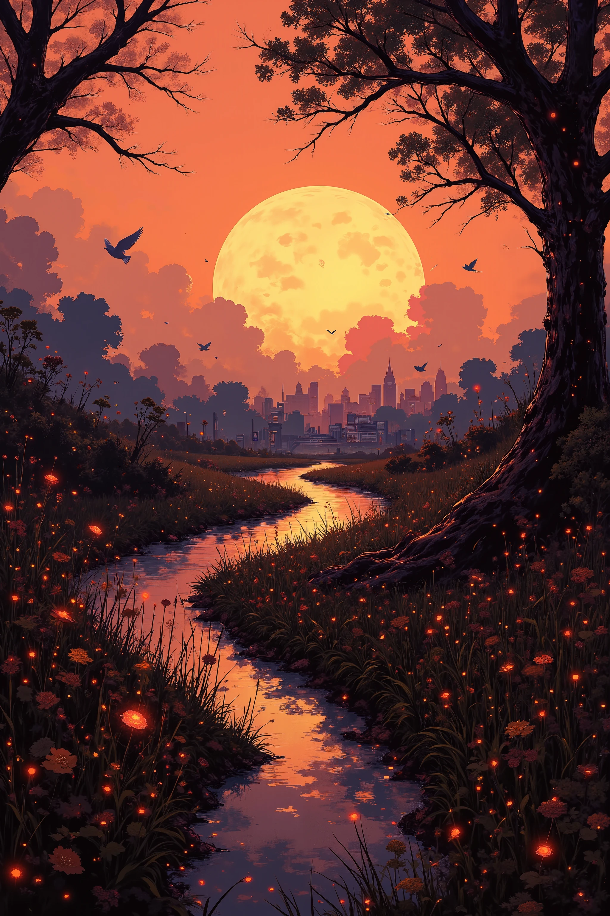 driving to sunset,Extended roads,Waving Grass,Soaring birds,dreamy psychedelic artistic sense,Fine realism,HDR,4k HD,realistic natural lighting,Warm colors,Extreme Details,Professional work