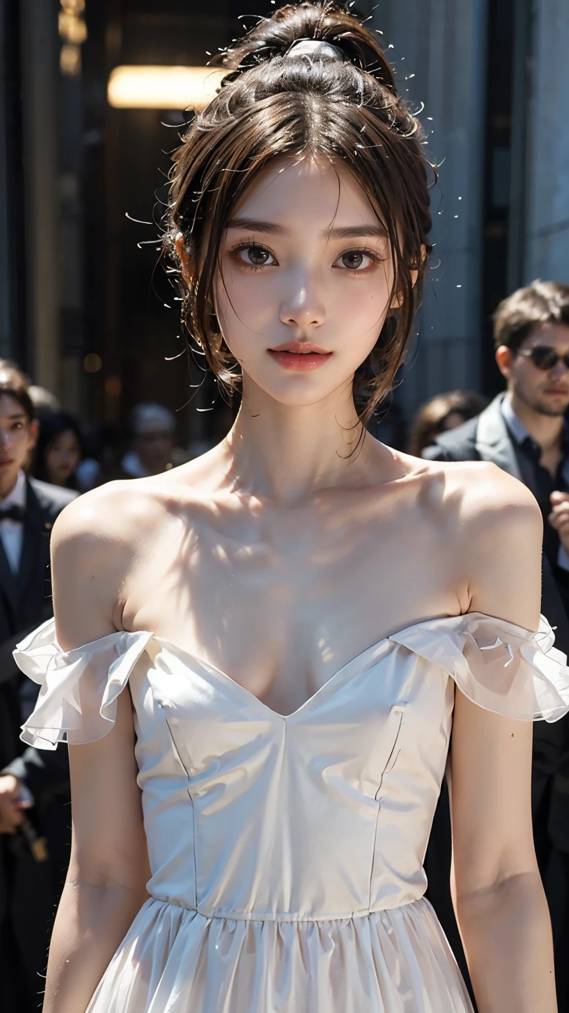 (nsfw), 8k, Extremely meticulous CG,(wallpaper), Extremely refined and beautiful, Masterpiece, best qualtiy, Ultra High Resolution, beautiful light up,Perfect lightning,realistic shaded, A high resolution,(Smooth and flawless fair skin:1.5),(pale skin:1.3),Extremely exquisite facial details,(perfect body:1.1),ultra-detailed,A beautiful girl,solo,small head,(short ponytail:1.1),small face,Exquisite makeup,(perfect breasts:1),flat chests, (black winter coat:1.3),(slender legs:1.2),(pants:1.2),(sneakers:1.1),(day scene:1.5),outdoor,(On the street:1.3),(In front of a huge church:1.3),(detailed background:1.5),(standing:1.3),(upper body:1.2),(from front:1.3),(Surrounded by crowded crowds:1.5), ((no shirt)), ((no bra)), ((no bikini)), ((big breasts)), (((tattoo between breasts))), ((nude upper body)), ((black jacket))