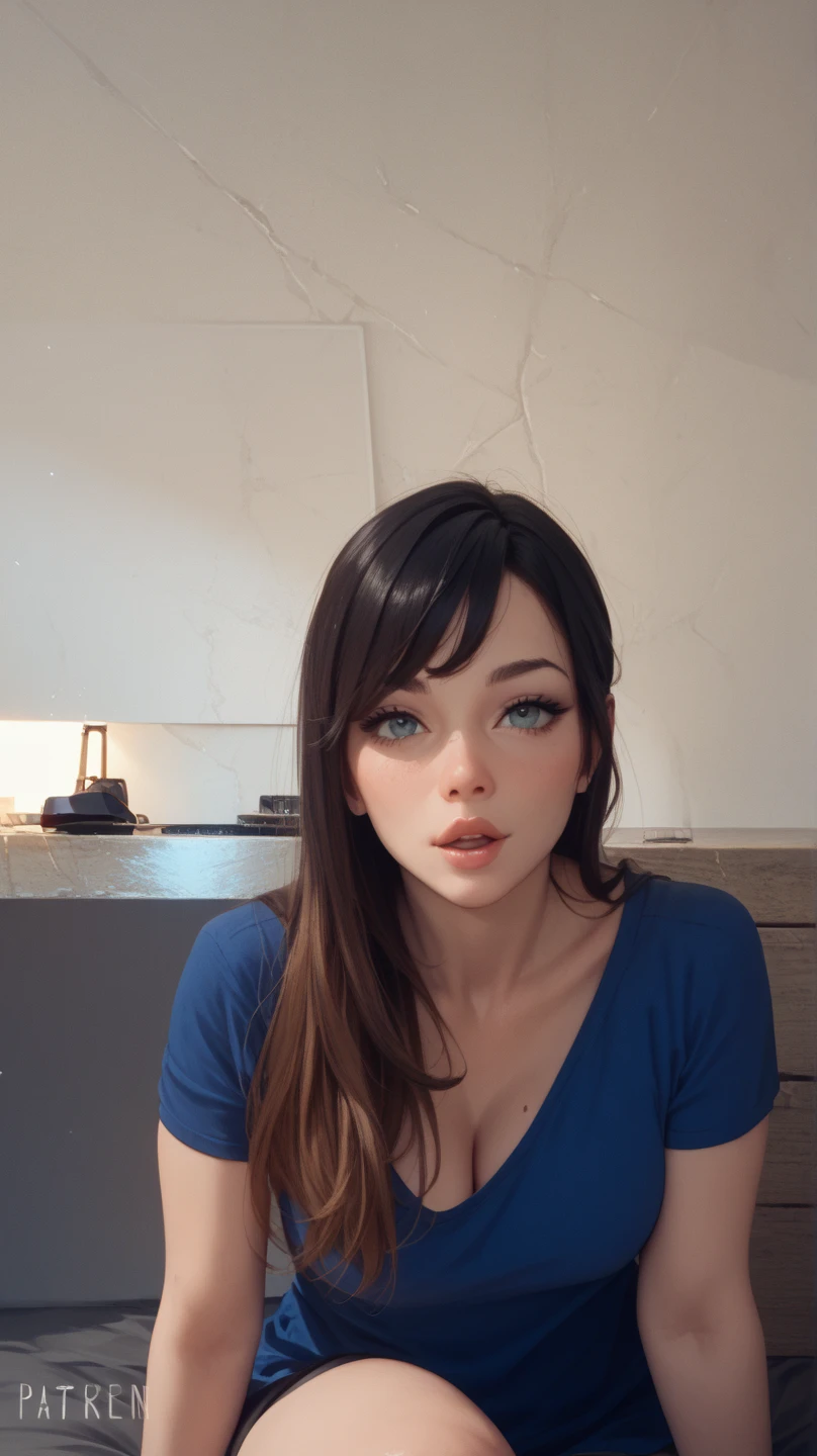 arafed woman with purple hair holding a knife and fork, she has purple hair, pale skin and purple eyes, wearing purple undershirt, full pov, purple top, amouranth, with pale skin, better known as amouranth, 2 4 year old female model, 3/4 bust, sexy look at the camera, young beautiful amouranth