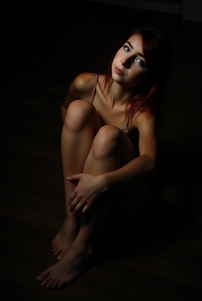 (close-up:1.2) analogue photography, Zyggdrasilp SG, (looking at viewer:1.3), (hands behind head:1.2), knees together feet apart, sitting, panties, pantyshot, BREAK (yellow half-up hair:1.2), BREAK simple dark background BREAK ,