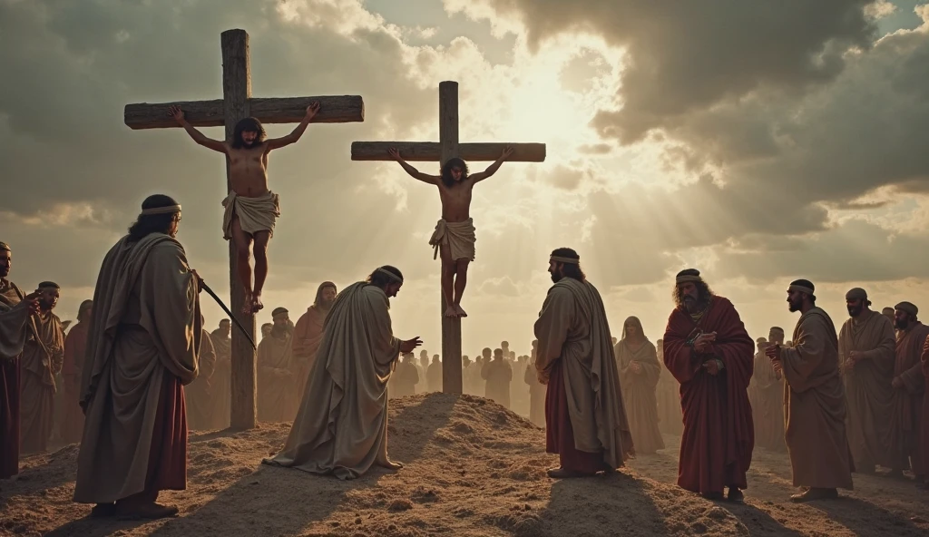 The crucifixion scene with three crosses, highlighting the dialogue between Jesus and the repentant criminal, while the other criminal is in a defiant posture