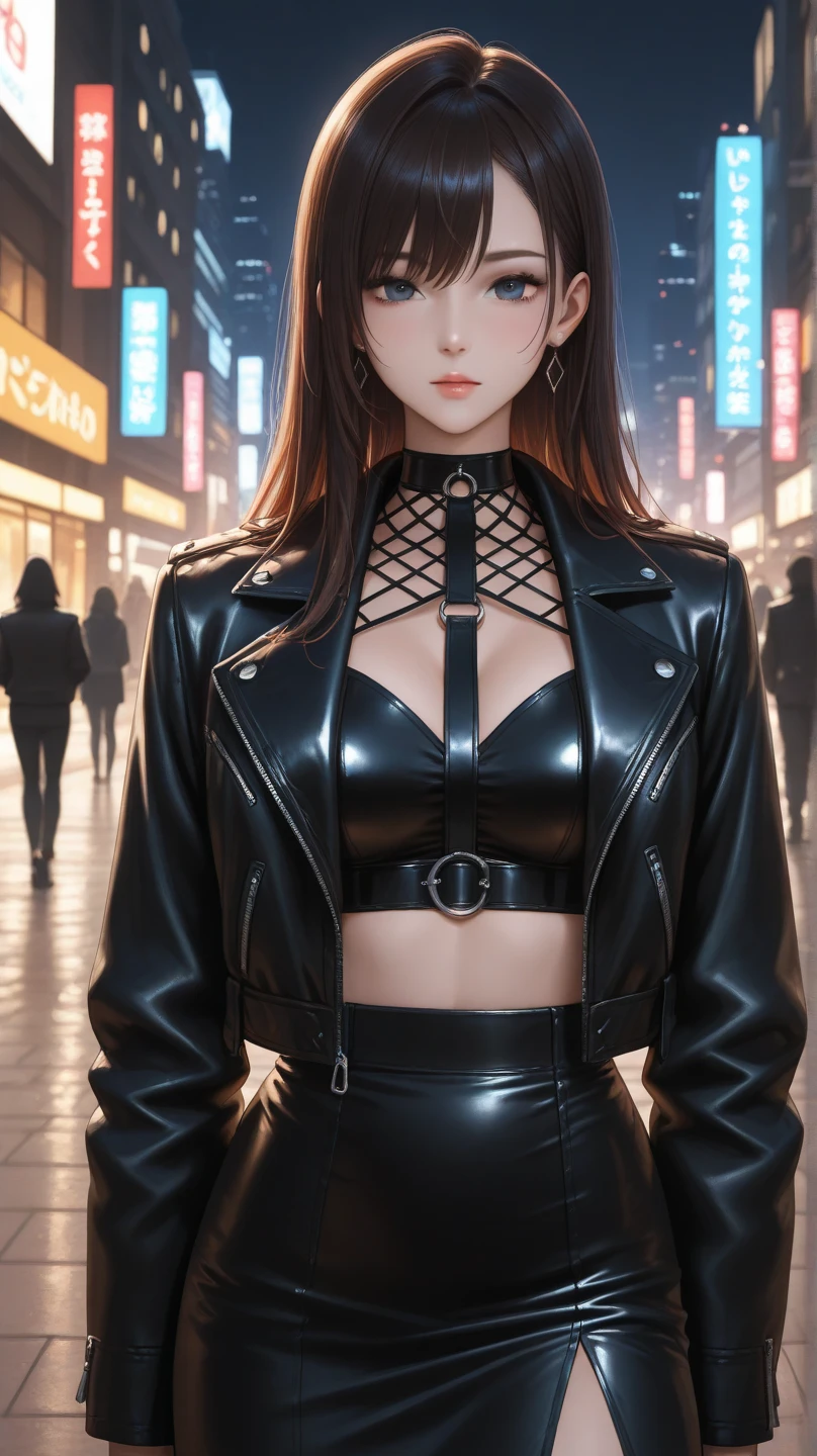 High resolution, woman , good lighting, despicable, , (No nudity), (((leather shorts))), ((tight leather top)), (((leather thigh high boots))), (garter belt), abdomen only, (wet shorts), , cute face, I'Iは恥ずかしくて赤面します, humiliating, ((sit with legs spread)), ((wet with sweat))((Viscosity liquid))night、city