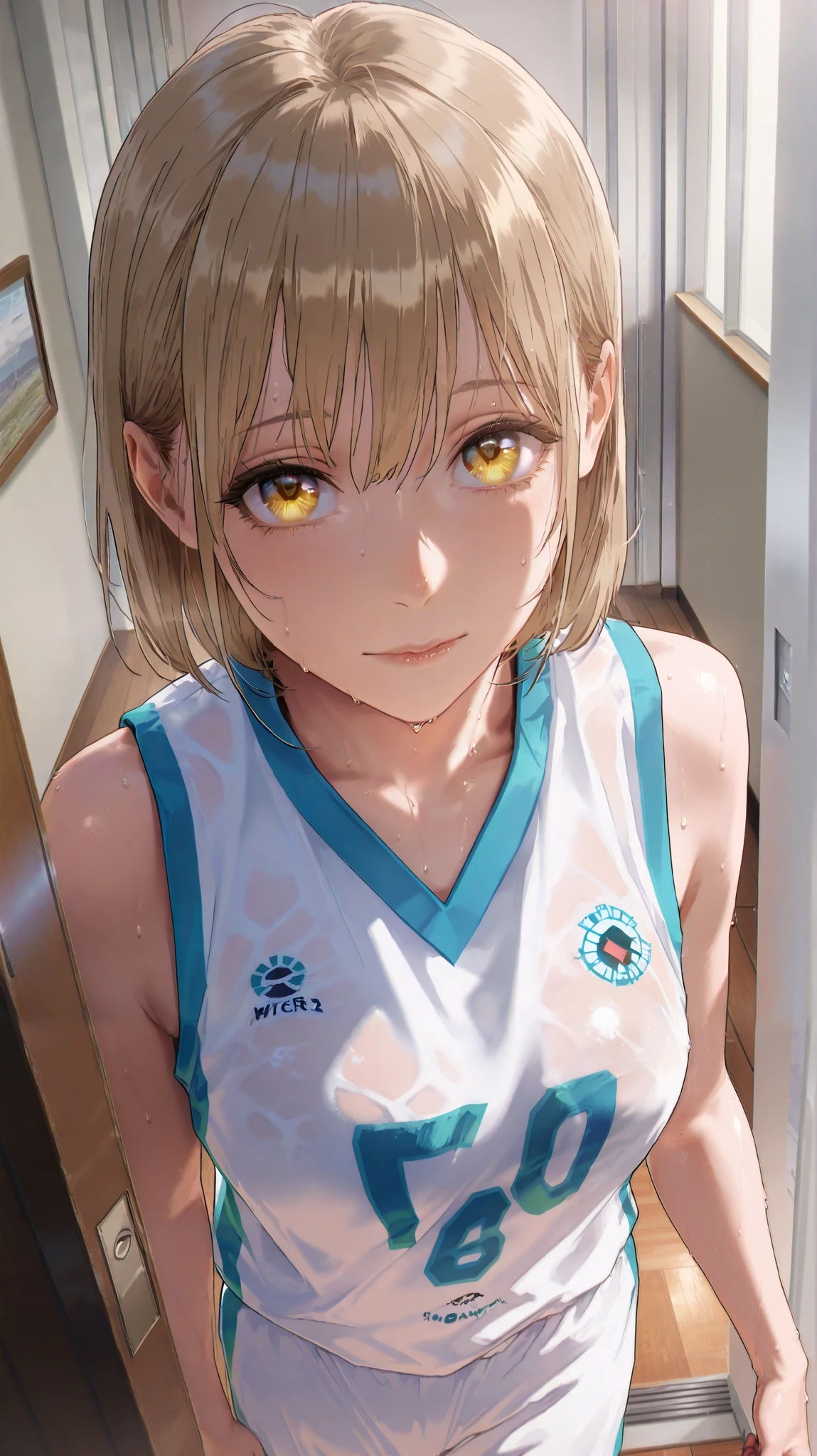 masterpiece, best quality, very aesthetic, absurdres, masterpiece, exquisite quality, highest quality, masterpiece, highest quality, Beautiful woman, whole body, full body shot, Detailed hairstyle, vMature Woman, indoor,(8k,RAW Photos),(Best Quality),(Masterpiece Loose),(Realistic,)(Realistic),(High resolution),Hyper Detail,(Gentle Realism:1.1),Beautiful Face ,High resolution), (8k), (Very detailed), (4K), (Pixiv), Perfect Face, Beautiful eyes and face, (highest quality), (Very detailed), Detailed face and eyes, (alone), Textured skin, absurdes, High resolution, best quality, highres, absurdres, Chinatsu from Blue Box, light brown hair, golden eyes, alone, indoors, living room corridor, white basketball jersey with light blue accents, sleeveless top, white basketball shorts with light blue accents, close up shot, heavily sweating, very sweaty, looking at viewer, mouth slightly open