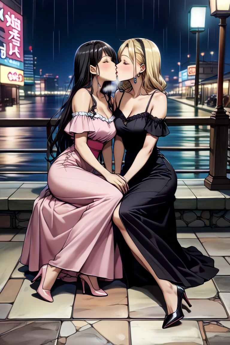 full body, kiss, lovers, couple, man and woman, love, mature, a cat woman, she has freckles, she has dark brown eyes and an upturned nose, she is happy and smiling, she has long wavy hair, black hair, she is wearing aviator sunglasses with clear lenses in a soft watercolor style. The girl's clothes must be pink, purple, and blue in celebration of the bisexual, with stains of ink and watercolor mixing and filling the scene. he has blonde hair, There should be a subtle, nuanced change in colors using the impasto technique with gouache paint. There should be a light rain in the watercolor painting with a little watercolor paper texture and a pastel background.