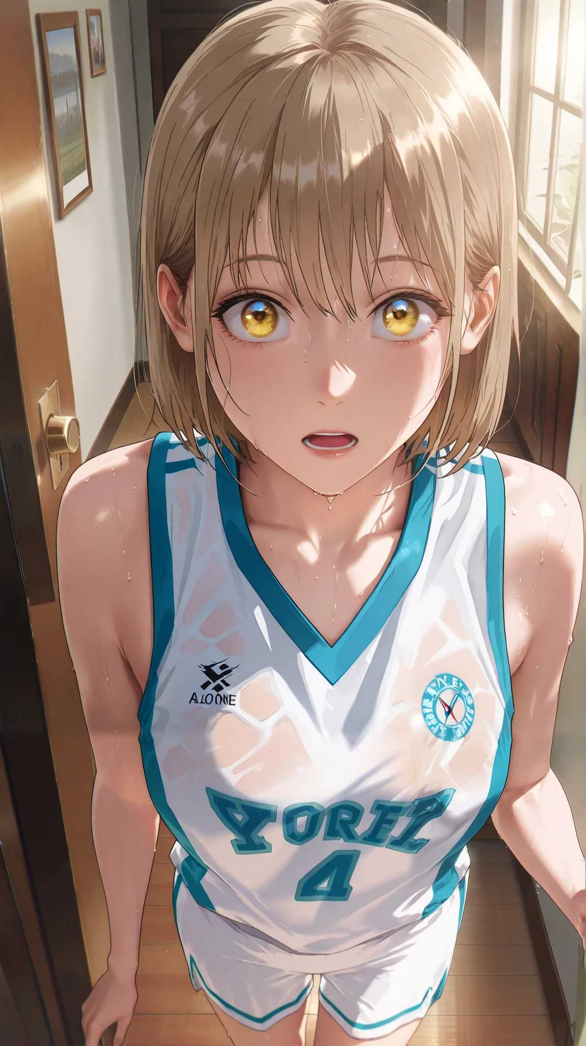 masterpiece, best quality, very aesthetic, absurdres, masterpiece, exquisite quality, highest quality, masterpiece, highest quality, Beautiful woman, whole body, full body shot, Detailed hairstyle, vMature Woman, indoor,(8k,RAW Photos),(Best Quality),(Masterpiece Loose),(Realistic,)(Realistic),(High resolution),Hyper Detail,(Gentle Realism:1.1),Beautiful Face ,High resolution), (8k), (Very detailed), (4K), (Pixiv), Perfect Face, Beautiful eyes and face, (highest quality), (Very detailed), Detailed face and eyes, (alone), Textured skin, absurdes, High resolution, best quality, highres, absurdres, Chinatsu from Blue Box, light brown hair, short hair, bob, golden eyes, alone, indoors, living room corridor, white basketball jersey with light blue accents, sleeveless top, white basketball shorts with light blue accents, close up shot, heavily sweating, very sweaty, looking at viewer, mouth slightly open, slightly surprised