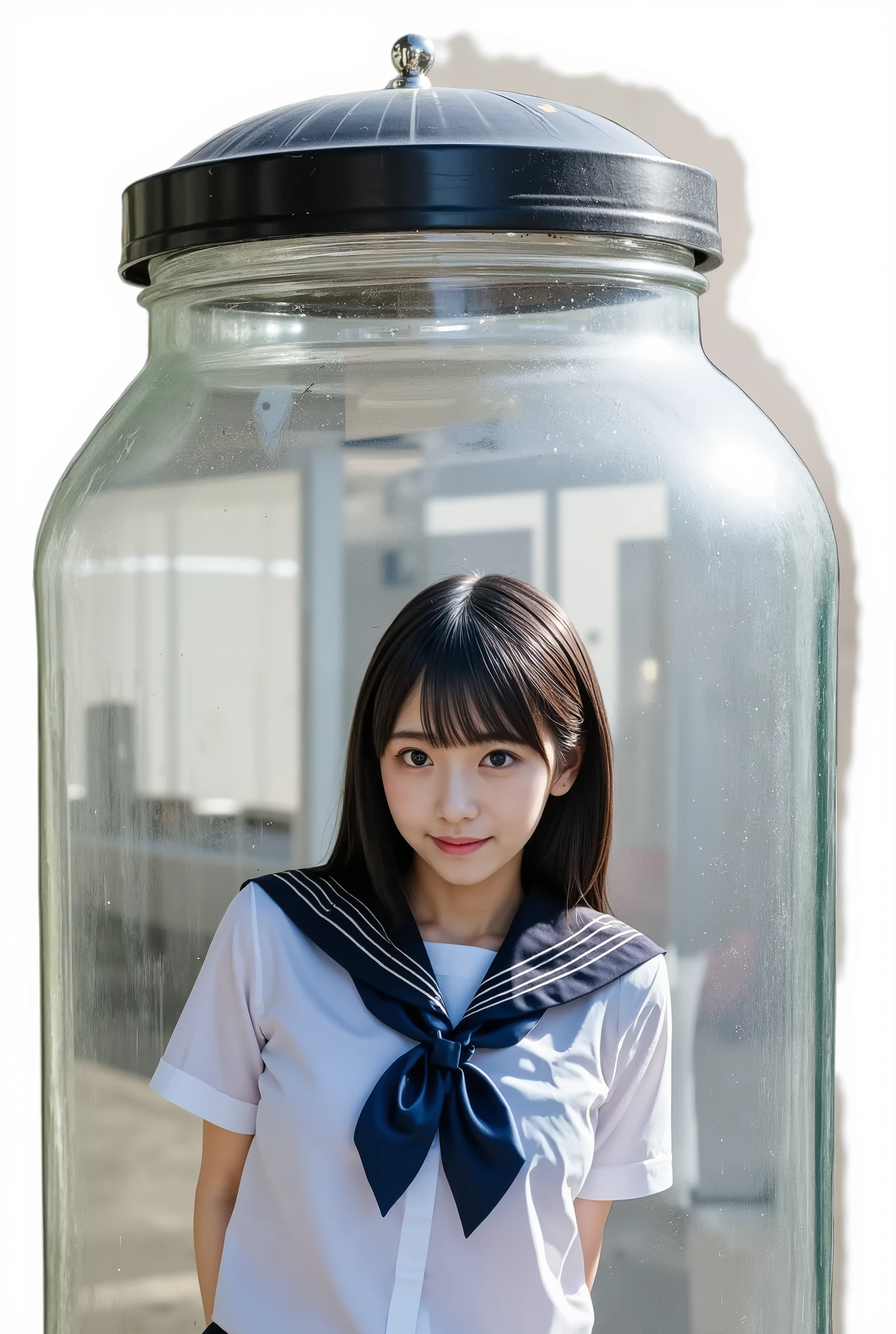 A Japanese woman in uniform standing inside an incredibly large wide-mouthed jar, trying to push through the glass wall to escape,