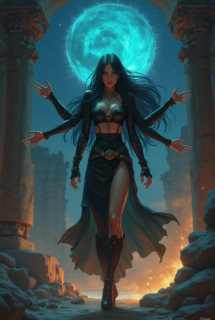 8k, fantasy art, arcane library background, half-elf enchantress,  build, smaller bust, spell casting pose, flowing black robes, long wavy black hair with even bangs, brown eyes, bronze skin, dark eyeshadow, long sleeves