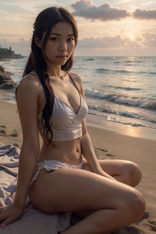 From above、((Big Breasts))、(Put your hands on your hips),(((Lie on the beach with your legs wide open)))、On the beach in the daytime、(((Pubic hair is black and thick)))、short white tank top、(Very small high leg thongs that fit snugly around the buttocks)、Because it's tight、(((buttocks are small)))、Beautiful girl with beautiful hair、((Laugh shyly))、Big eyes、Small face、、Looking into the distance。Great balance of style、Long legs,Beautiful、(((((Close-up of a cute raised mound)))))