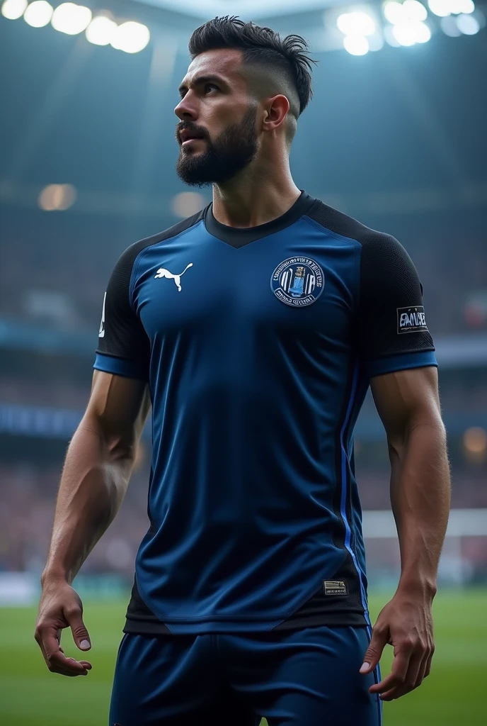 Create a blue and black soccer jersey