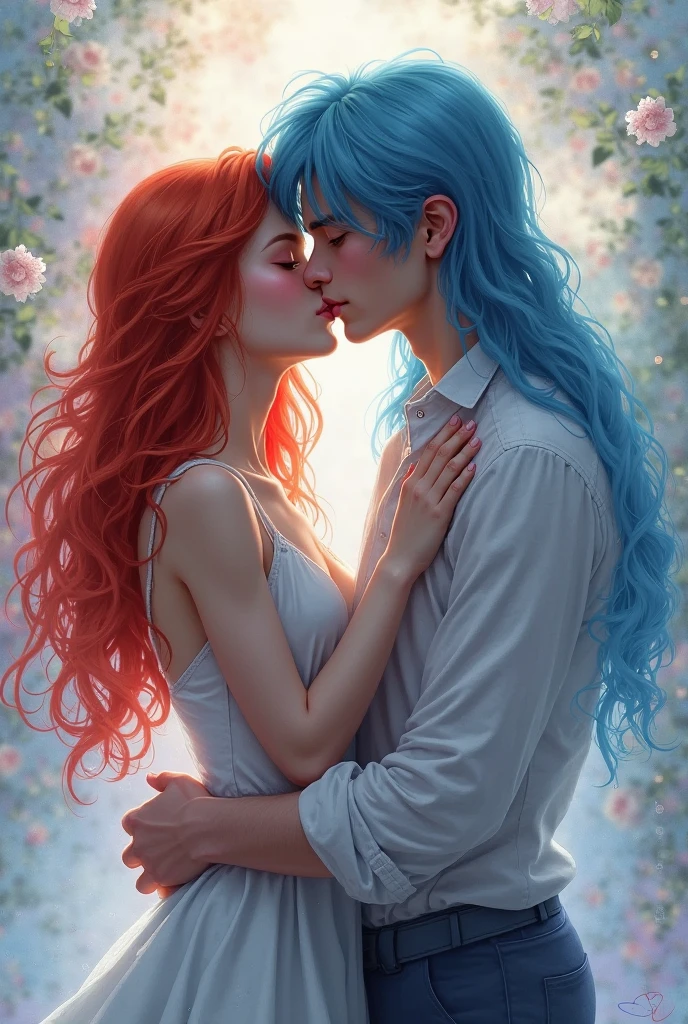 The image is for a cover of a love novel Girl abundant and super long blood red hair with a beautiful face and emerald eyes, y un chico hermoso alto cabello ?????, corto y abundante y ojos color violeta parecido a un Dios griego, the two are hugging. Deben aparecer los dos personajes en la imagen.