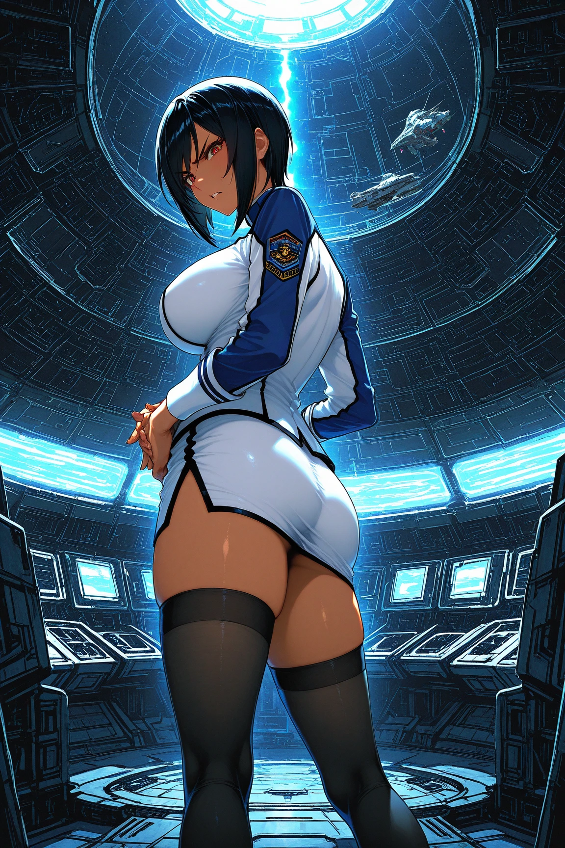 a Israeli mature lady xmech robot wearing a robe, fully body, lifting skirt, lifting shirt, Pear vagina, skirtlift, shirtlift, anime, Spreading fingers apart as if holding onto something, Advanced research facility with cutting-edge technology and laboratories.