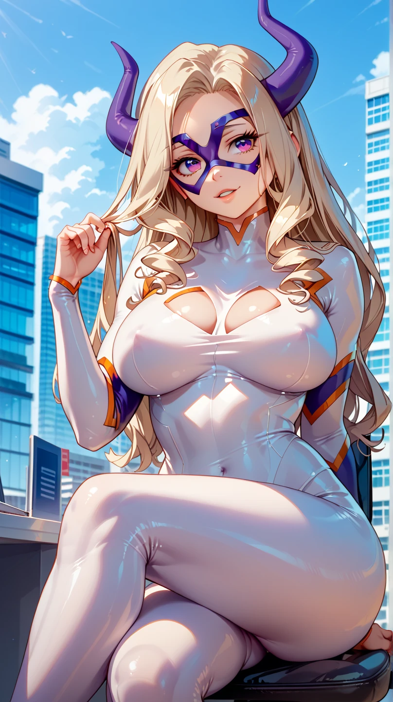 highest quality、Realistic、Women、zoom、Cobalt blue eyes、Blonde short wavy hair、freckles、Hero Suit、Glossy white bodysuit、Blue and gold accents、lingerie、slender、Dark Skin、Large Breasts、Glasses、Rooftop、An inappropriate smile、Bust Shot、