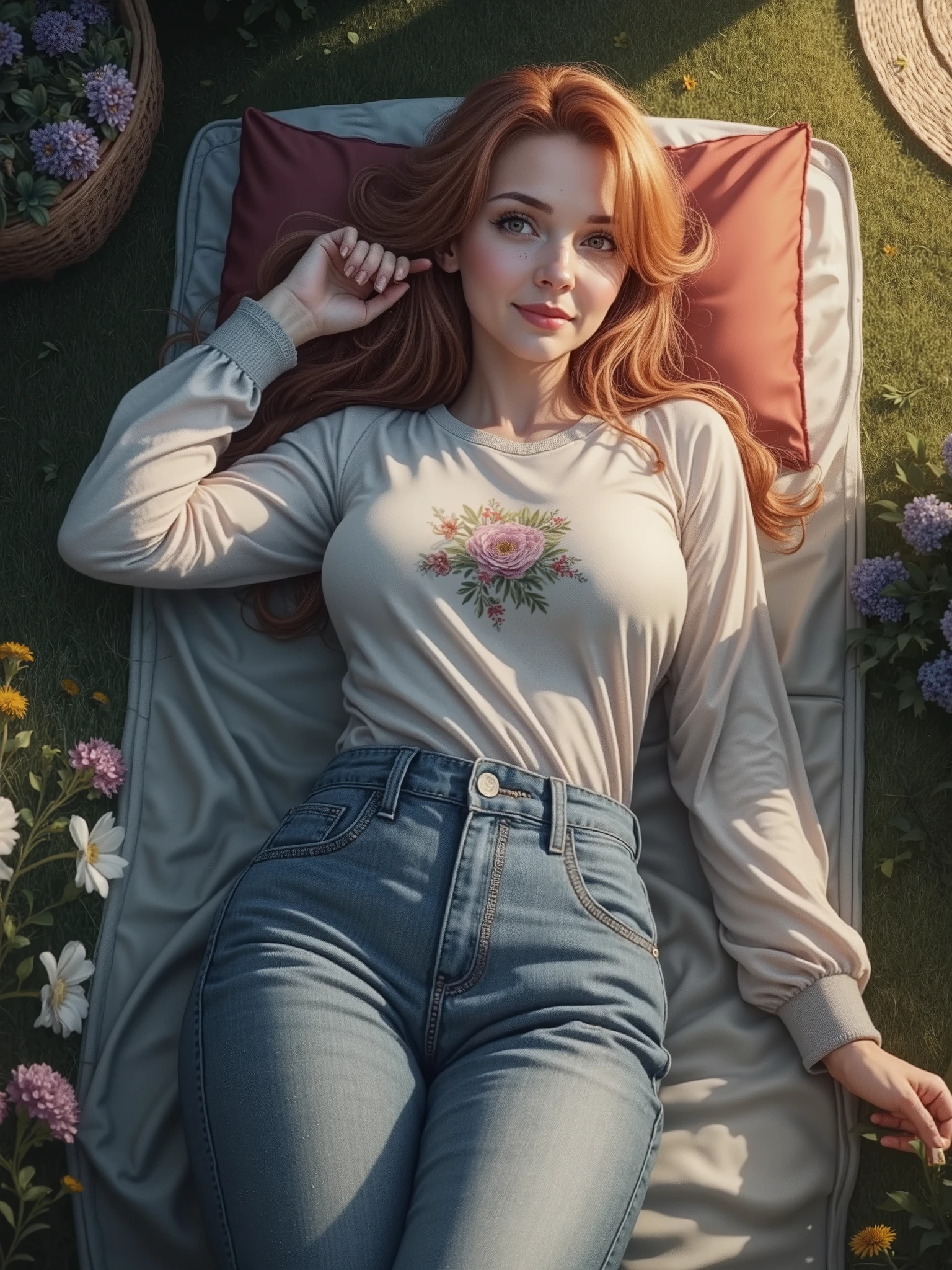 (masterpiece, best quality, high quality, highres, ultra-detailed) A cinematic photorealistic color digital painting of a 20 years old, 36DD Cup, gorgeous appealing amative dark brunette haired woman [Gal Gadot : Maude Adams : 0.50] gazing at viewer passionately, outdoor romantic dating, ornated (pale pink long sleeve t-shirt outfit and blue jeans trouser:1.2), (light laugh:1.2), (((lying down:1.5))) on picnic mat in an (outdoor:1.2) vibrant flower garden with beautiful scene view, detailed face, insanely detailed and intricate, crisp sharp and clear, volumetric lighting, ultra-high resolution, masterpiece hyper realistic artwork of Don Lawrence, Professional color grading by Kenneth Hines Jr., centered, cinematic aesthetic lighting art by James Cameron trending on Artstation.