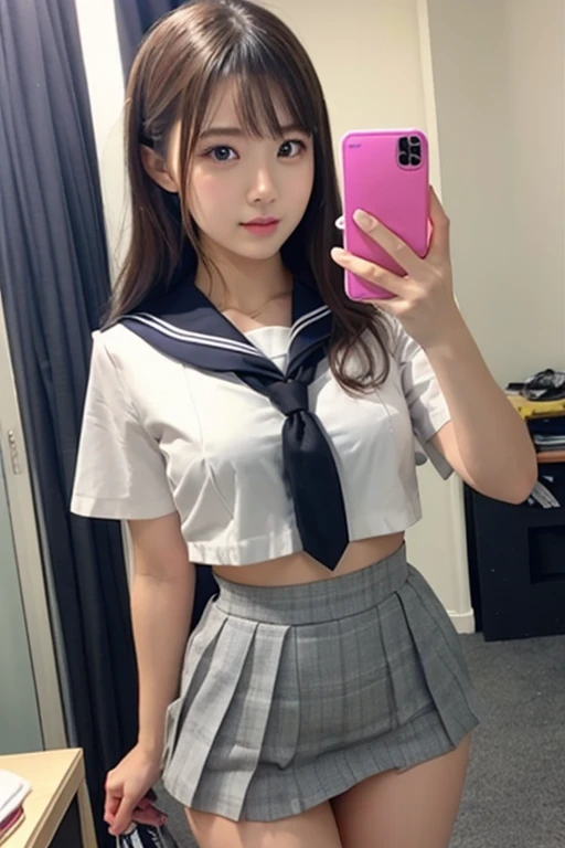 High resolution、8K、Photoreal、bright lighting、1 female、high school girl、cute、face light、((in the train、Holding on to the straps、Are standing:1.3))、brown long hair、、droopy eyes、(looking at the viewer:1.3)、(white short sleeve sailor uniform:1.1)、(Very short sailor suit)、red ribbon around the neck、(navy pleated mini skirt:1.5)、細いthighs、luster々thighs、(draw from below:1.3)、(Low angle from the front)、((I can see her white panties:1.3))、(Draw white panties accurately:1.3)、((focus on crotch:1.5))、in the train、