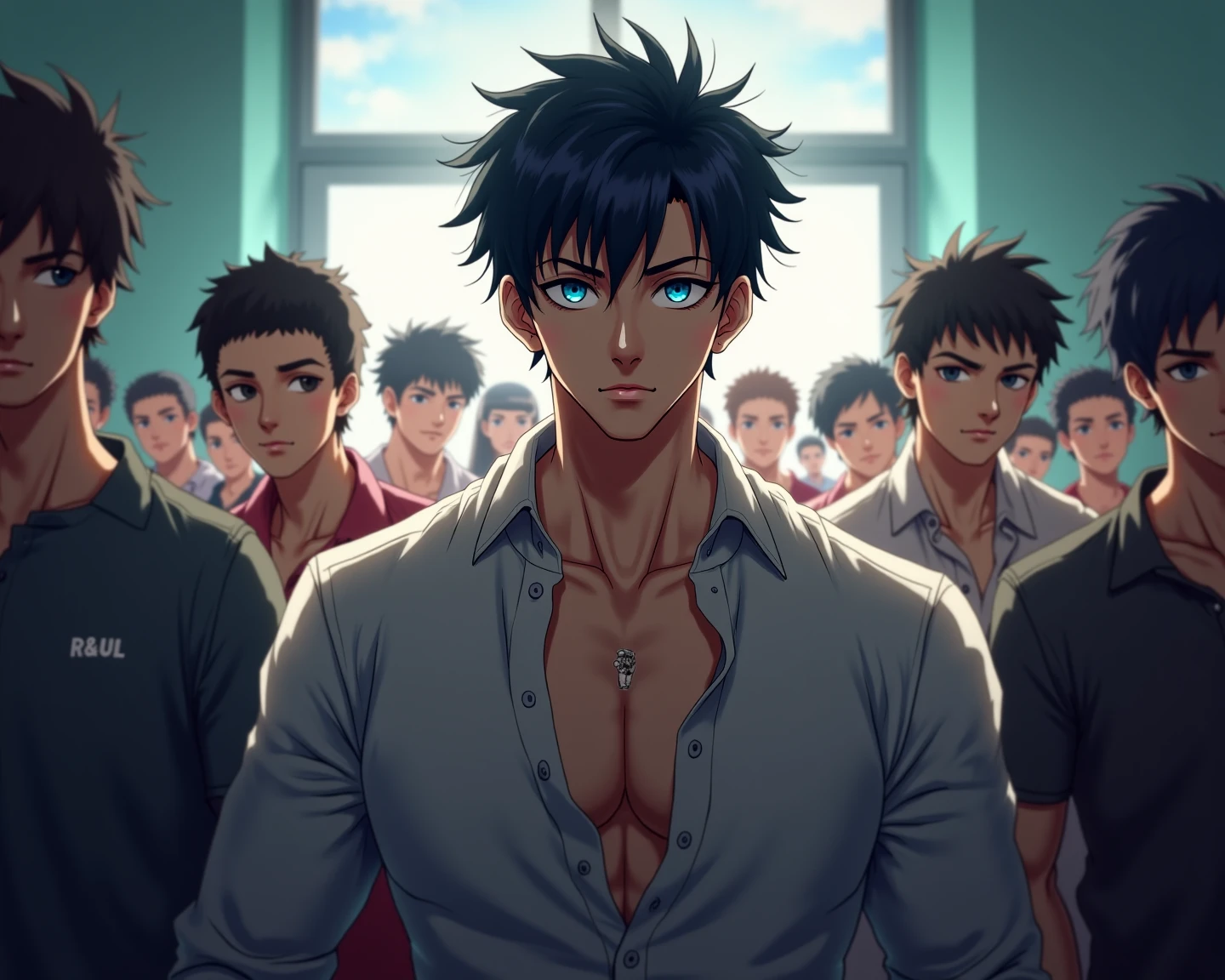 Tall boy, muscular and blond looking at a teenager with dark blue hair in a school with a lot of people around